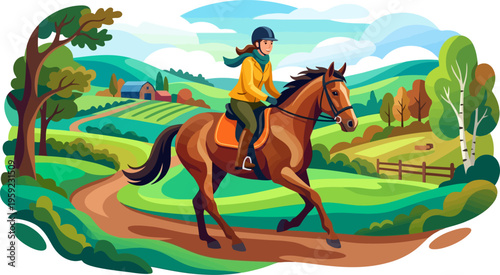 Woman horseback riding in scenic farm countryside