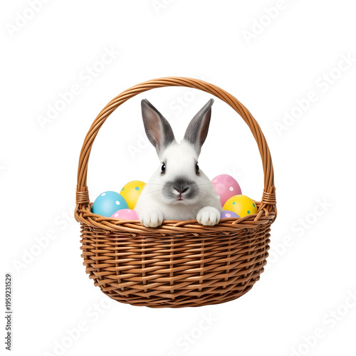 Easter bunny in wicker basket isolated on transparent background