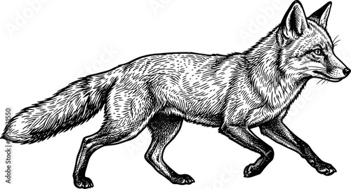 Wild fox walking in a detailed woodcut engraving style