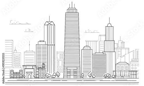 City skyline with tall buildings and trees  urban landscape illustration