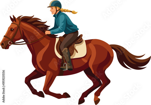 Young woman galloping on a chestnut horse