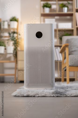 Modern white air purifier standing on soft fluffy rug inside bright comfortable living room providing fresh clean breeze promoting healthy peaceful home environment with green plant decoration