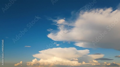 Fluffy white clouds drift across a vibrant blue sky