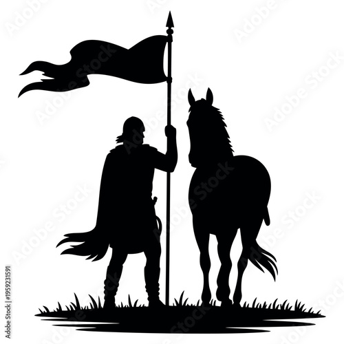 Medieval knight standing with horse holding large flag on grassy field silhouette vector illustration for historical concept storytelling and classic epic themes