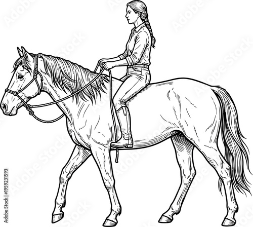Young woman riding a horse in simple casual attire