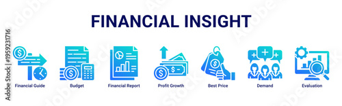 Financial Insight web banner icon vector illustration featuring Financial Guide,Budget,Financial Report,Profit Growth,Best Price,Demand,and Evaluation