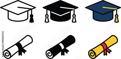 Graduation icons featuring various academic caps and diplomas