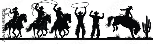 Western cowboy silhouette collection with horse riding lasso action desert scene isolated on white background vector illustration for design