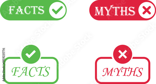 Fact myth icon set collection group with truth and false symbols check mark cross speech bubble information concept flat vector for web app infographic design isolated background.