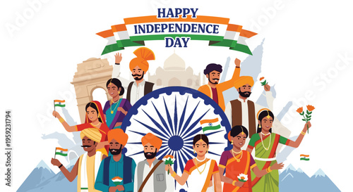 Diverse Indian people in traditional attire celebrating Happy Independence Day with national symbols and landmarks.
