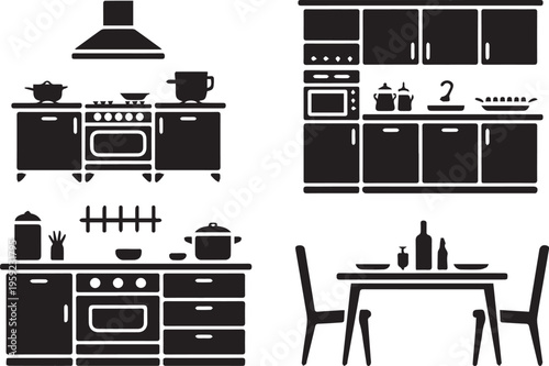 modern kitchen interior illustrations flat vector icons for home decor and culinary design themes