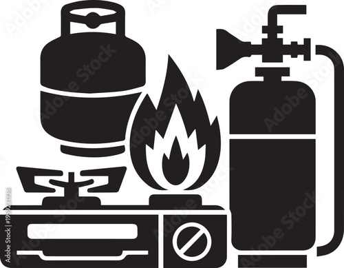 Portable gas stove with flame, propane cylinder, and gas tank for outdoor cooking, camping and emergency preparedness supplies