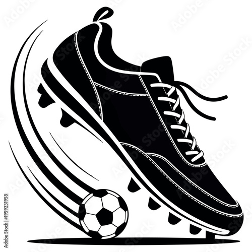 Soccer boot kicking a small ball, black and white illustration, dynamic sports movement, isolated on white background, athletic footwear