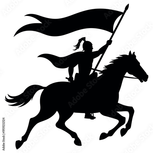 Warrior riding horse silhouette charging forward with battle flag and spear representing courage and historical combat scenes for creative projects and branding use