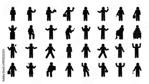 Collection of 30 black silhouettes of people in various poses and outfits
