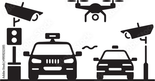 Smart city surveillance and traffic monitoring system with autonomous cars drone and security cameras for high tech infrastructure concept