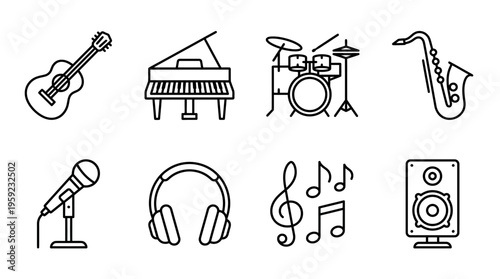 "Minimal line icons of musical instruments and audio gear including guitar, piano, drums, saxophone, mic, headphones."