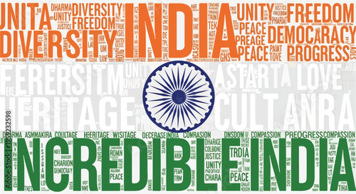 The Indian national flag rendered as a vibrant word cloud, featuring national values and the 'Incredible India' slogan.