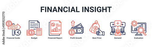 Financial Insight web banner icon vector illustration featuring Financial Guide,Budget,Financial Report,Profit Growth,Best Price,Demand,and Evaluation