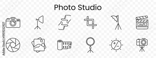 Photo studio set icon. Outline photography tools, camera, softbox light, backdrop roll, focus frame, umbrella light, clapperboard, aperture, photo stack, film roll, ring lamp, brightness control