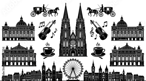 "Minimal line icons of European landmarks and culture including opera house, cathedral, palace, carriage, violin, coffee, ferris wheel."