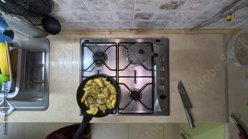 Top View of Kitchen Stove with Frying Pan