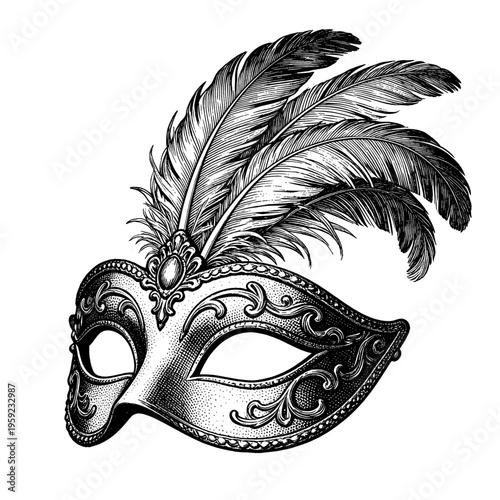 Antique masquerade mask with feathers etching mardi gras illustration