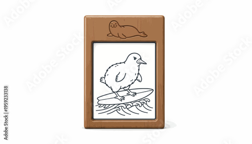 Cute chick surfing on a surfboard with waves, framed illustration with seal motif