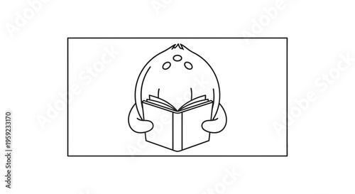 Cute Coconut Character Reading a Book, Educational, Learning, Knowledge, Fun, Black and White Line Art