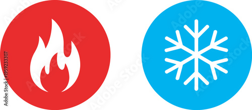 Hot and cold icon set, heat freeze symbols, red fire blue snowflake signs, warm cool temperature indicators, climate control buttons, vector illustration