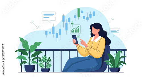 Woman using smartphone for stock trading on balcony with plants and financial chart background