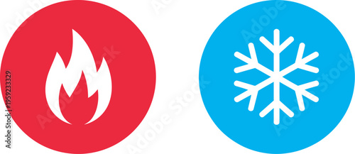 Hot and cold icon set, heat freeze symbols, red fire blue snowflake signs, warm cool temperature indicators, climate control buttons, vector illustration