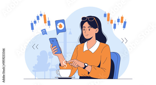 Woman using smartphone for stock trading, with financial charts in background