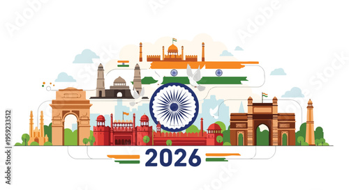 Illustrative panorama of famous Indian monuments, featuring the Ashoka Chakra and the year 2026, representing national pride and progress.