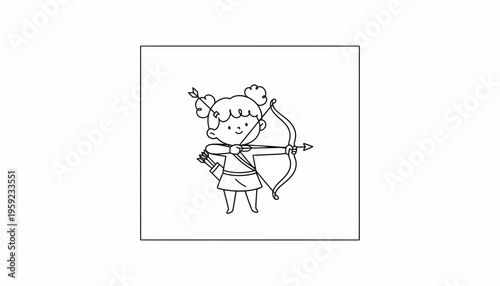 Cute Cartoon Archer Girl Holding Bow and Arrow, Ready to Shoot
