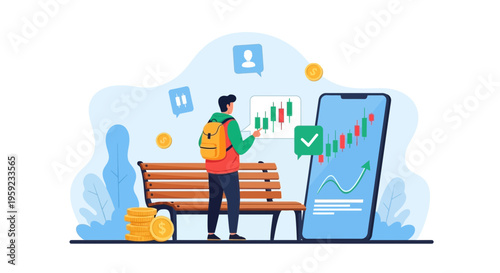 Young man analyzing stock market chart on smartphone and board, financial growth concept