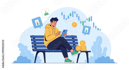 Young man on bench with tablet, stock market graph, coins, financial growth concept