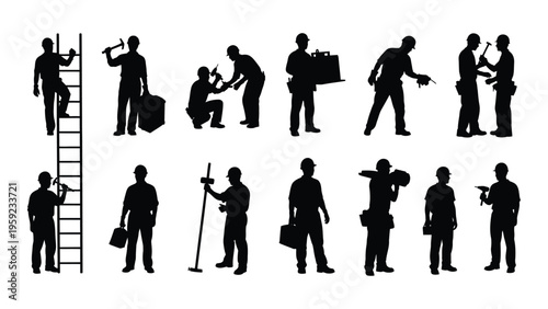 Silhouette of various construction workers in different poses and actions