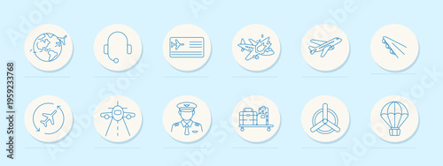 Air travel set icon. Outline compilation with globe airplane, headset operator, boarding card, crash scene, jet aircraft, paper plane, circular flight arrows, front airplane, captain, luggage trolley