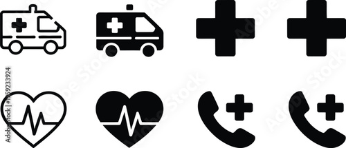 Medical icon set, black vector collection featuring ambulance cross heart with cardiogram and emergency phone call symbols in outline and solid fill styles for healthcare design.