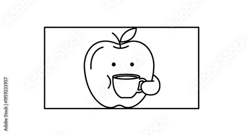 Cute Apple Character Drinking Coffee, Black and White Line Art
