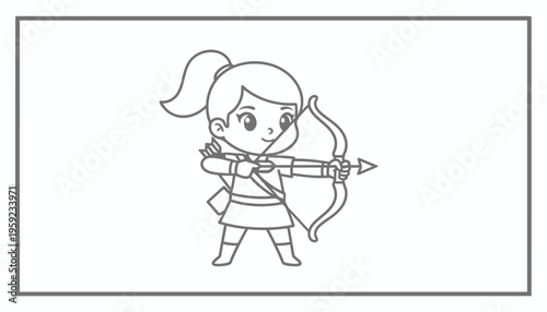 Cute Archer Girl Cartoon Character Holding Bow and Arrow, Ready to Shoot