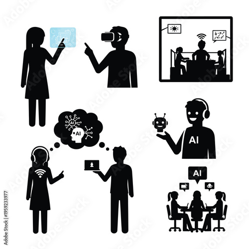 People interacting with artificial intelligence and virtual reality technology vector