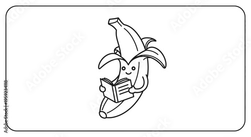 Cute banana character reading a book, funny cartoon illustration, education concept