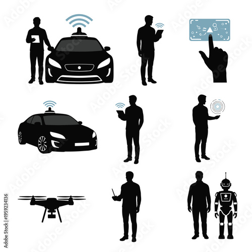 Self driving car drone robot people interact technology smart home ai futuristic concepts