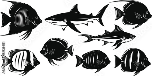 Collection, of, tropical, fish, and, shark, silhouettes, including, angelfish, and, butterflyfish, isolated, on, white, background, vector, for, marine, aquatic, design.
