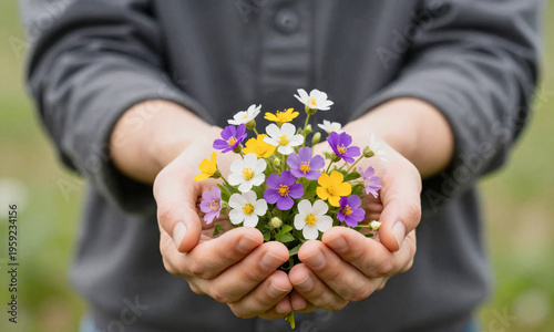 man holding handful of wildflowers symbolic spring moment  Generative AI