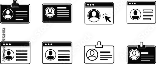 User Profile ID Card and Account Interface Icon Set Featuring Personal Identification Badges, Login Panels, and Web UI Elements in Line Style Design