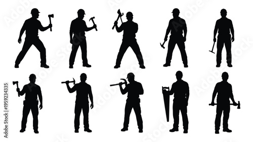 Silhouettes of construction workers with various tools