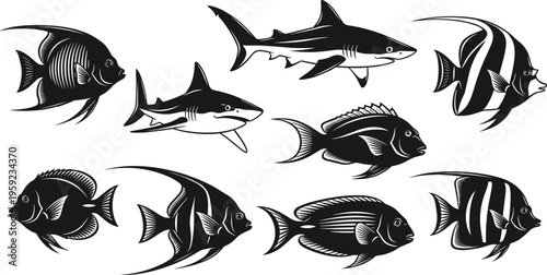 Collection, of, tropical, fish, and, shark, silhouettes, including, angelfish, and, moorish, idols, isolated, on, white, background, vector, for, marine, design.